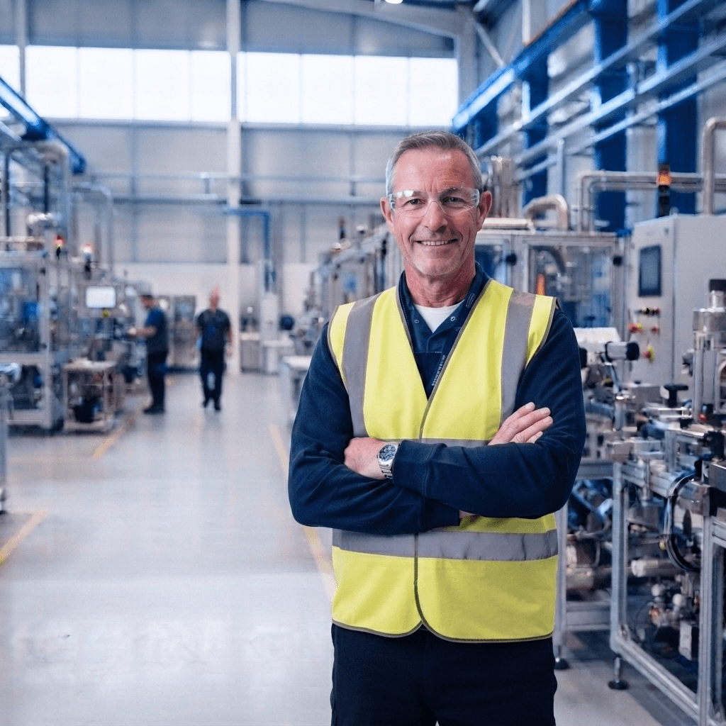 Auditor in a high-visibility vest inspecting a modern industrial facility