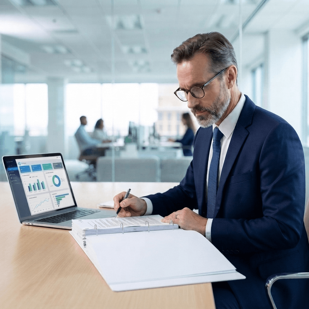 Auditor reviewing certification documents beside a compliance dashboard